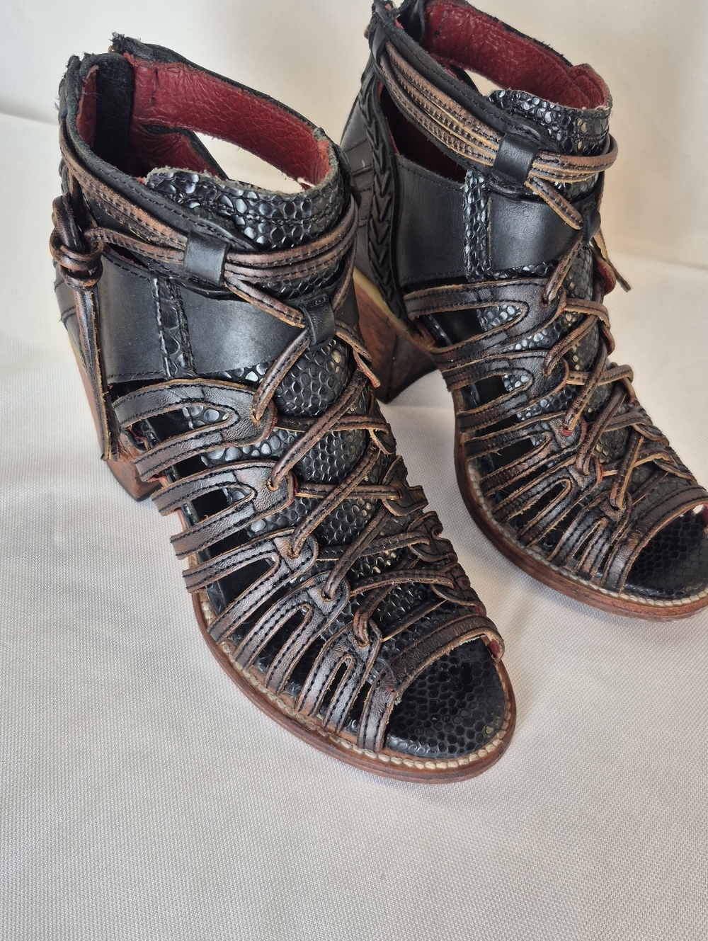 freebird Black and Brown Strappy Peep-Toe Heels